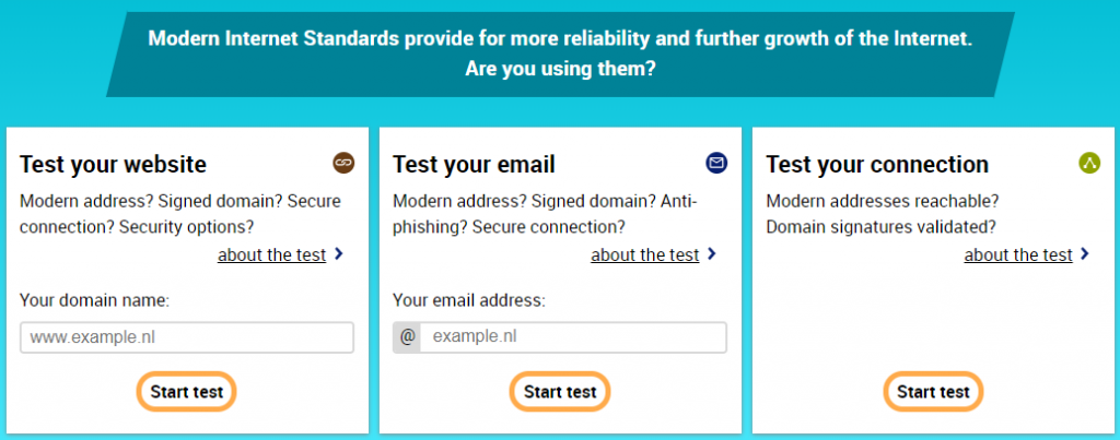 Bilde av hovedvalgene for testverktøyet internet.nl