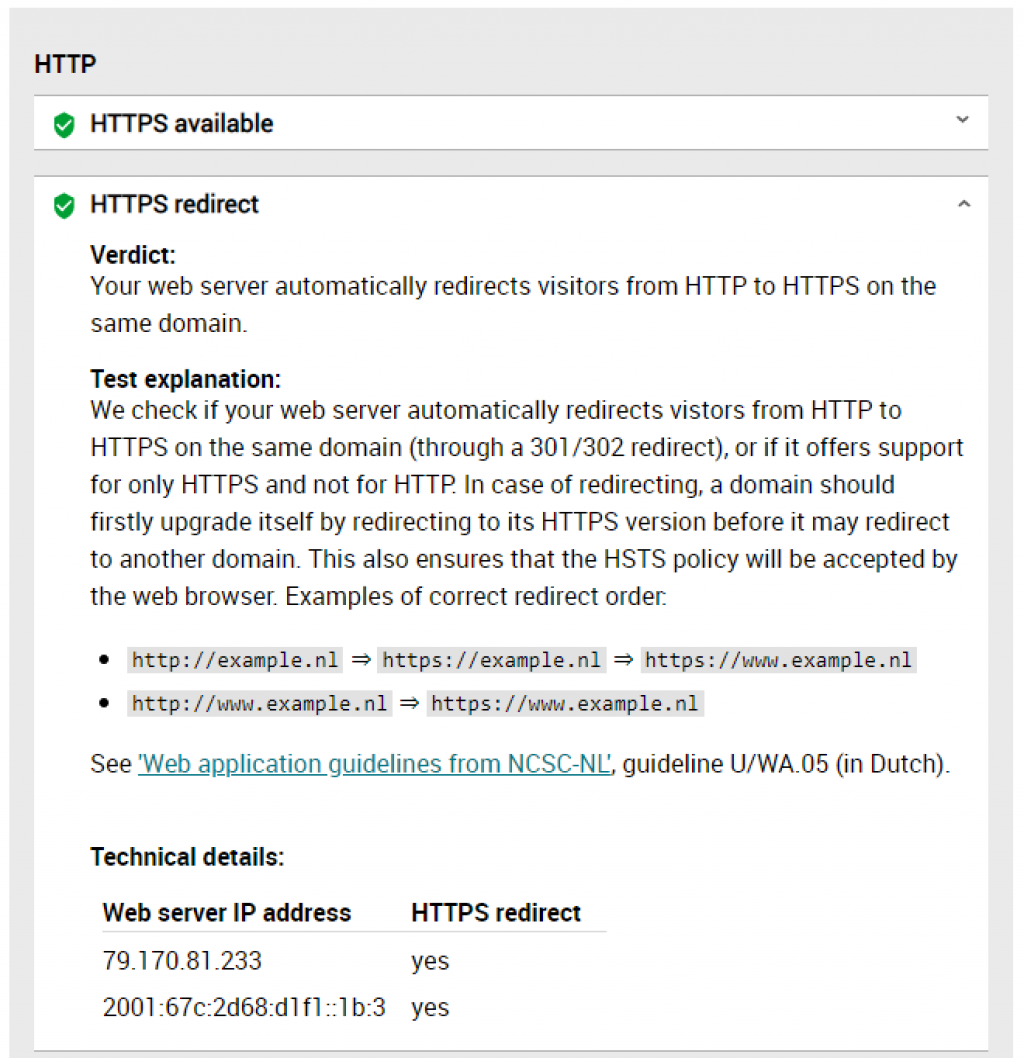 Resultatet av deltest for HTTP med testverktøyet internet.nl