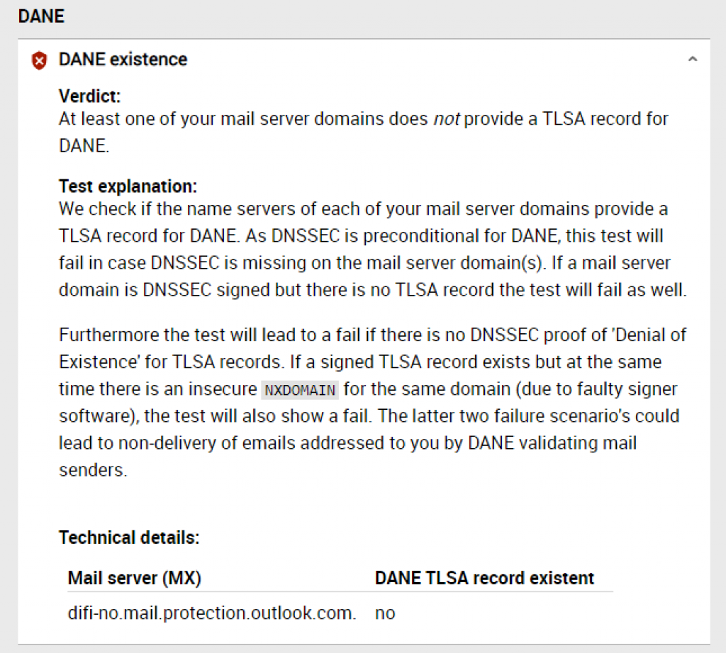 Oversiktsbilde av status for test av DANE for e-post med testverktøyet internet.nl