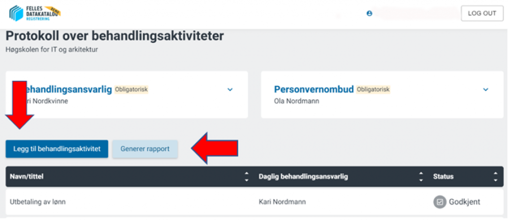 Via blå knapper kan du hente ut rapport for behandlingsaktiviteter. Skjermbilde