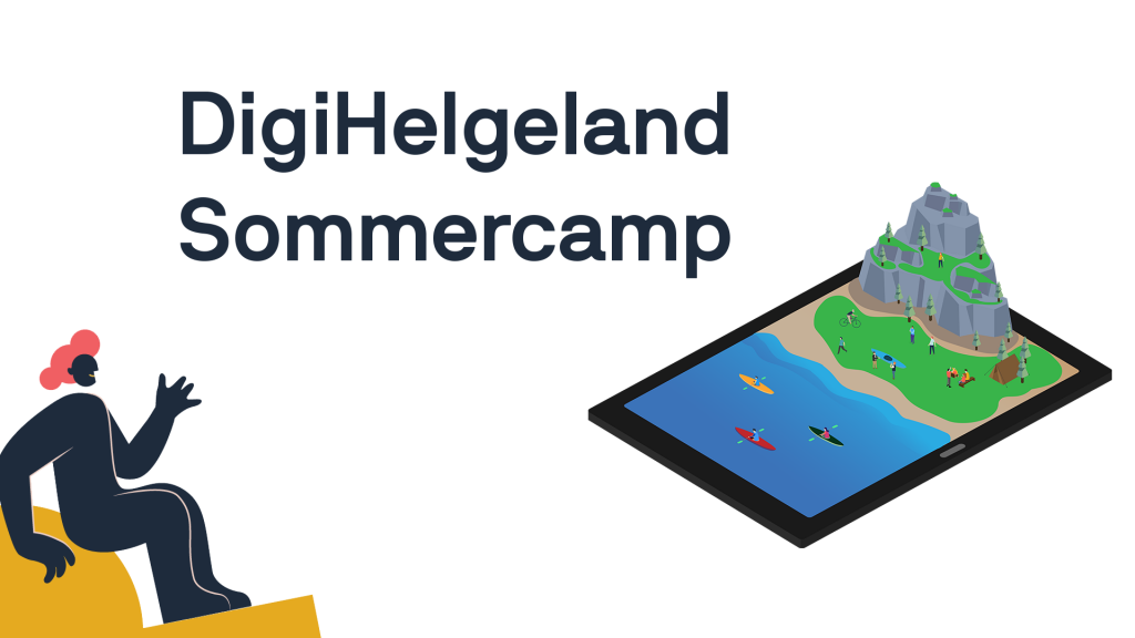 Digihelgeland sommercamp - illustrasjon med nettbrett og helgelandskysten