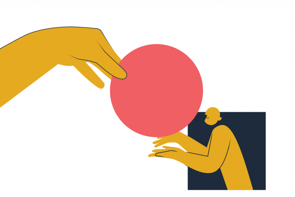 Illustrasjon. En person mottar en ball fra en stor hånd.