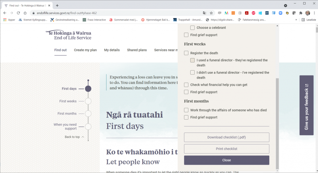 Skjermdump av livshendelsen dødsfall og arv på New Zealand sin offentlige portal
