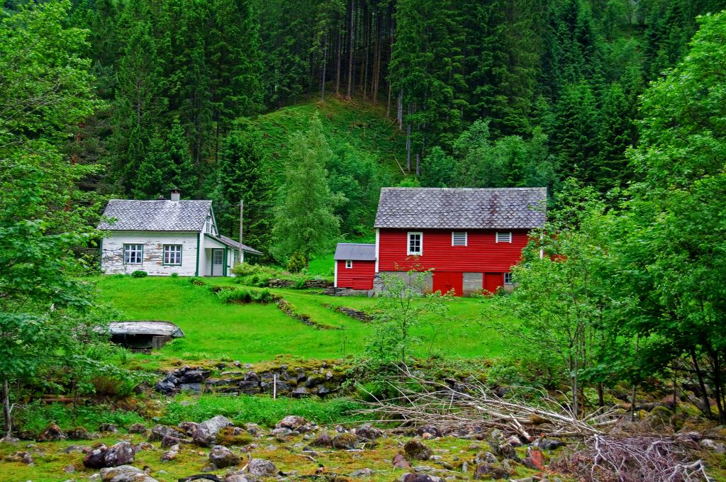 Bilde. Et lite gårdsbruk med grønn skog rundt.