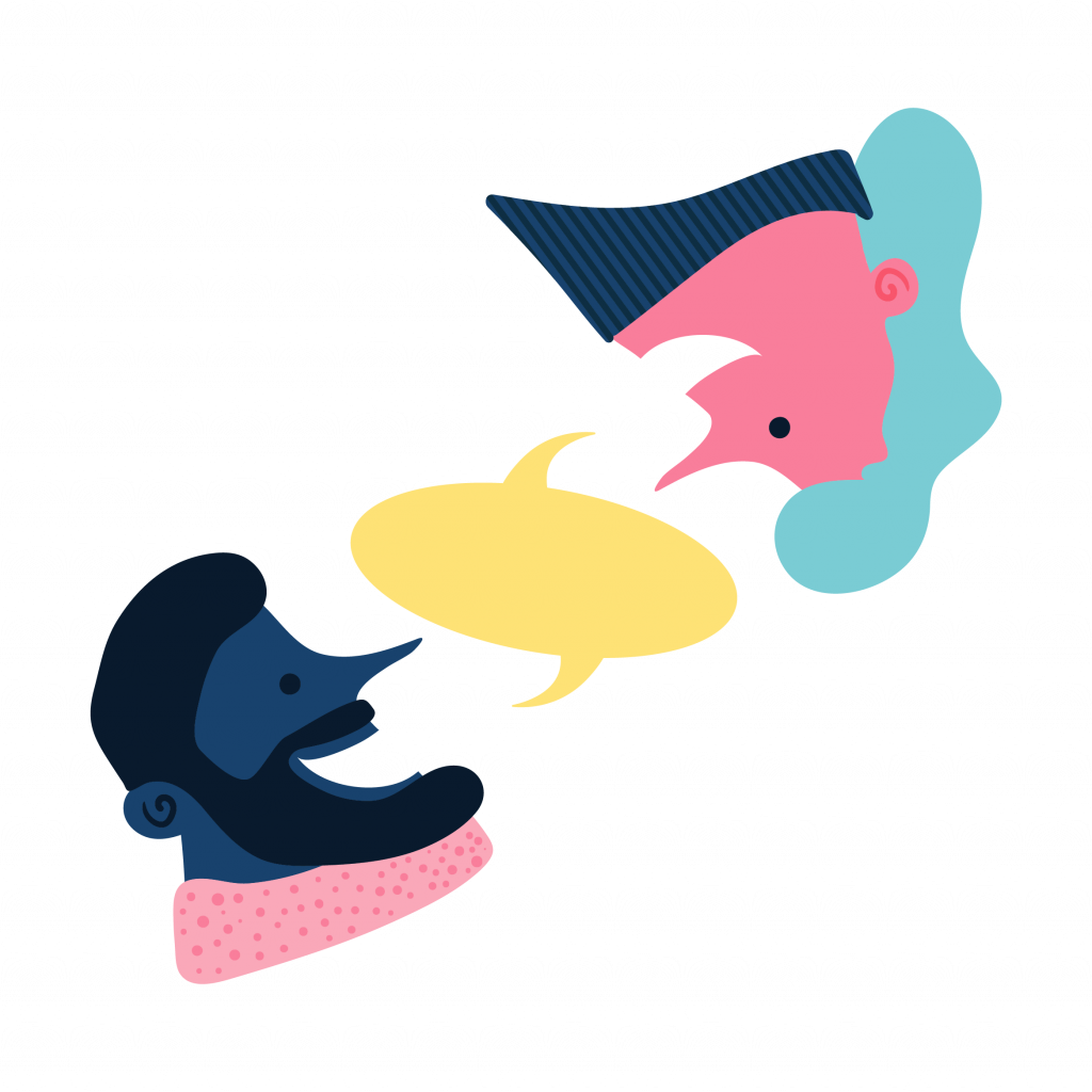 Illustrasjon av to personer som snakker sammen.