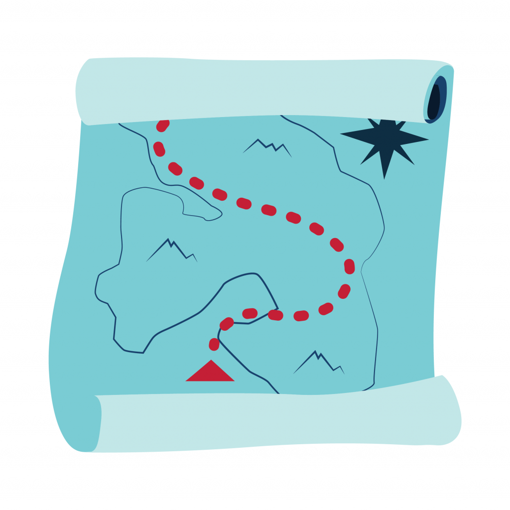 Illustrasjon av et kart som viser en vei og et mål.