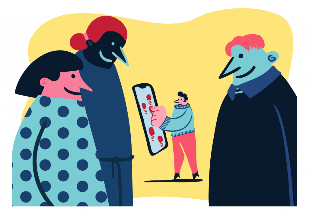 Illustrasjon av fire personer der tre av personene er i fokus og ser på en forbruker som holder en mobil.
