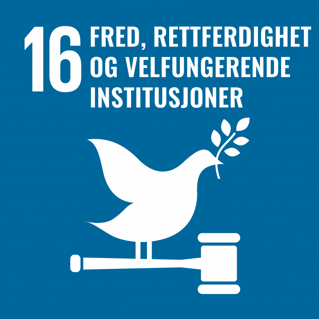 Illustrasjon. FNs bærekraftsmål nummer 16 er fred, rettferdighet og velfungerende institusjoner.