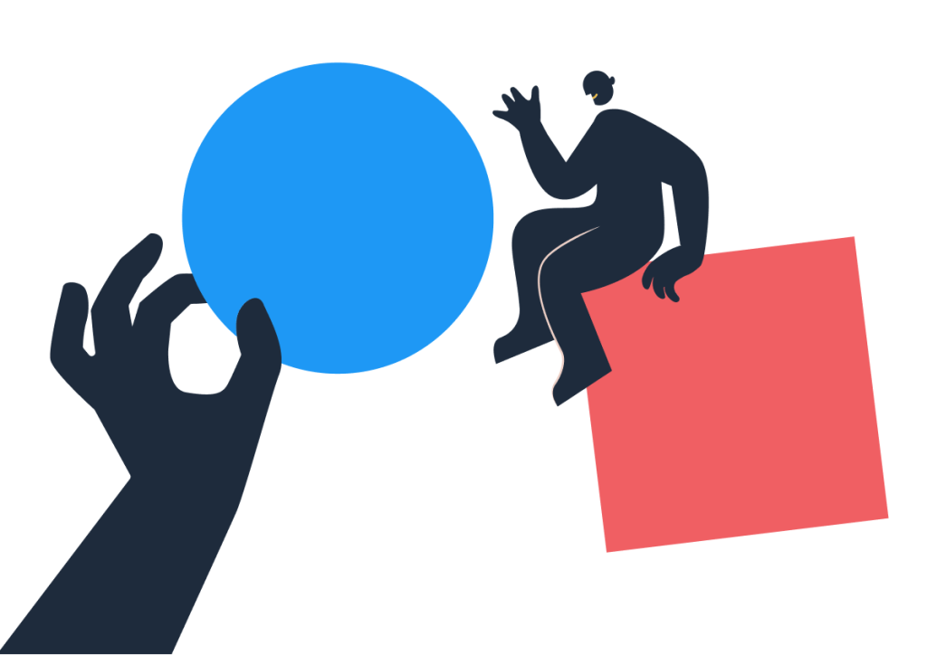 Illustrasjon - En stor hånd holder opp en blå kule som tas i mot av en person sittende på en flytende rød firkant.