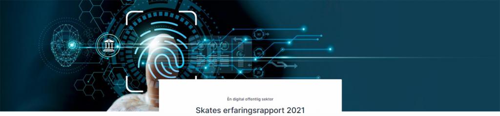 Digital ID med finger fra Skates Erfaringsrapport 2021 toppillustrasjon med stikktekst "Én digital sektor" og overskrift "Skates erfaringsrapport 2021"