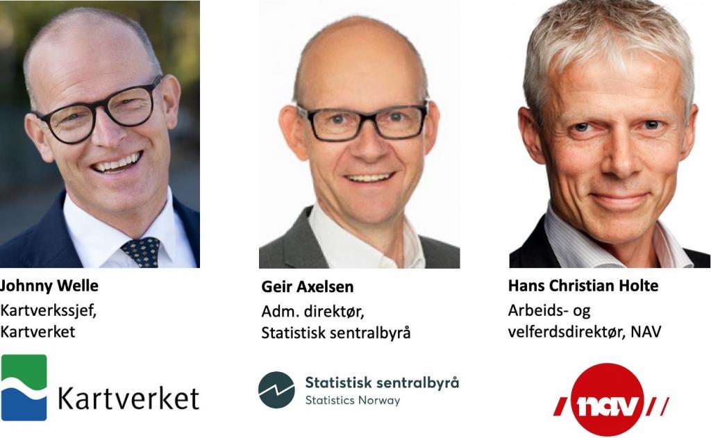 Portretter av Johnny Welle, kartverkssjef, Kartverket, Geir Axelsen, adm. direktør, Statistisk sentralbyrå og Hans Christian Holte, arbeids- og velferdsdirektør, NAV