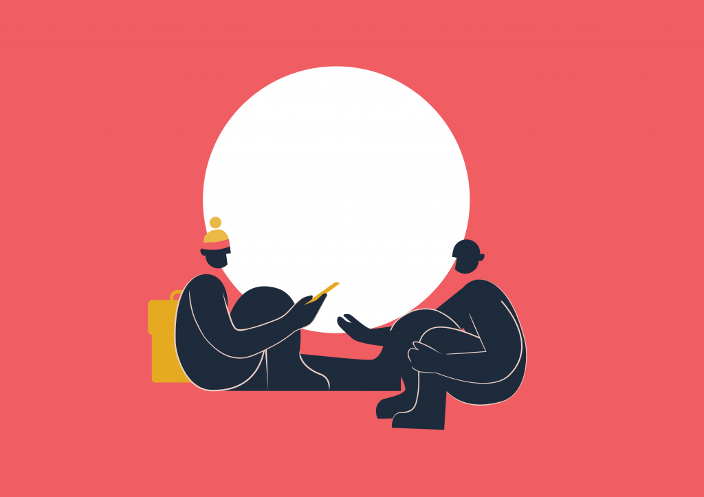 Digdir illustrasjon to personer med turlue sitter ved stor sirkel