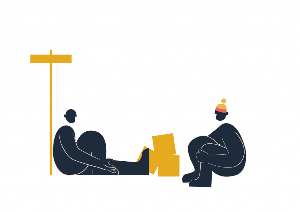Digdir illustrasjon to personer med turlue sitter ved gult bål og skilt_uten bakgrunn