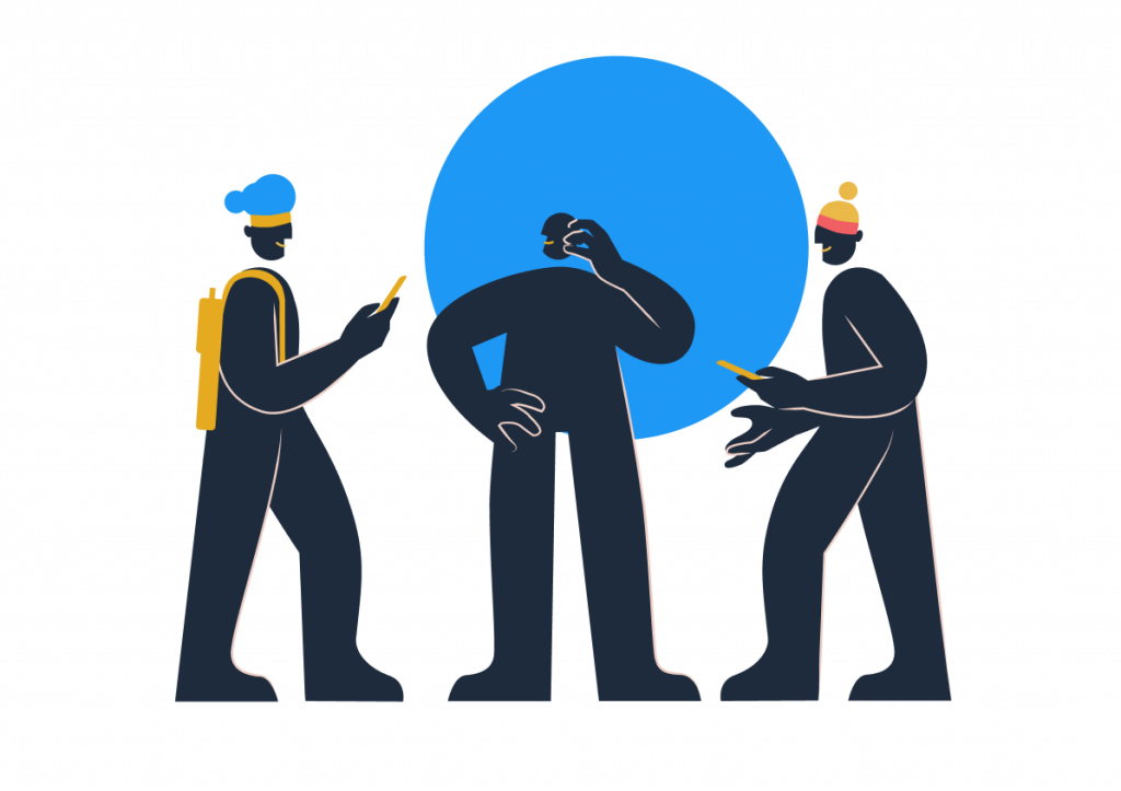 Digdir illustrasjon tre personer med turlue snakker sammen forran blå sirkel uten bakgrunn
