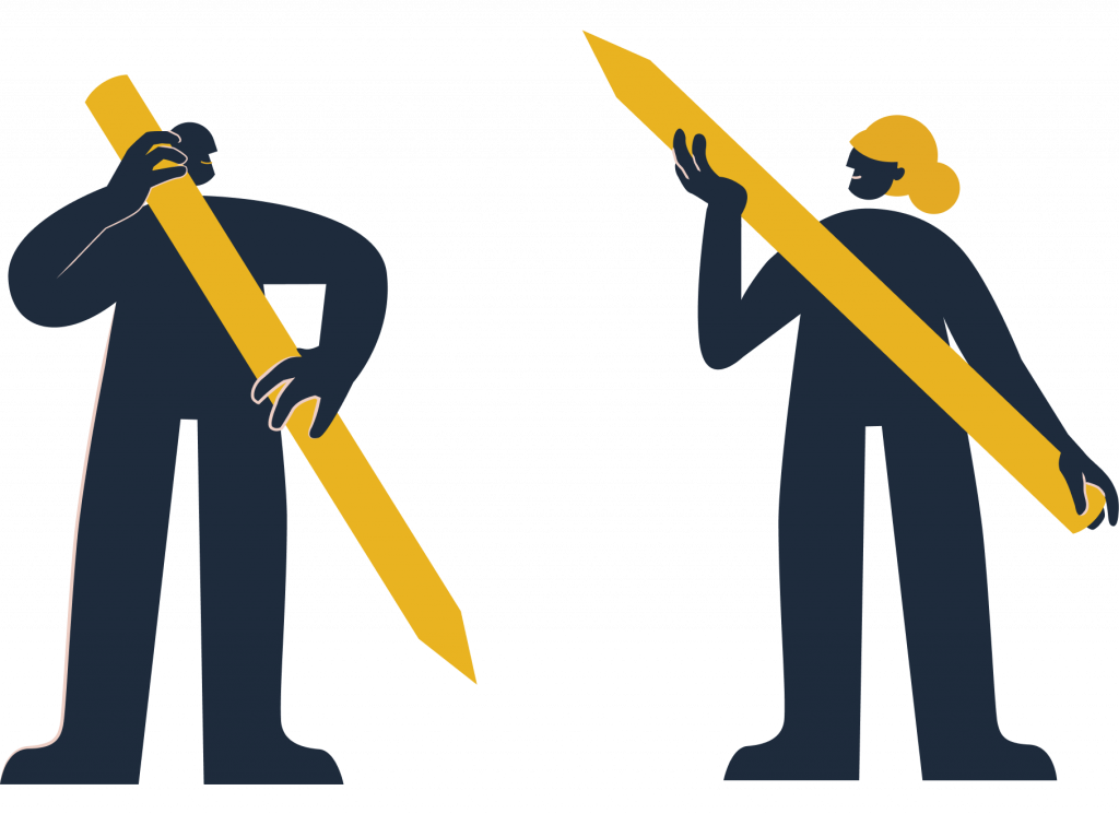 Digdir illustrasjon - to personer bærer hver sin store gule blyant