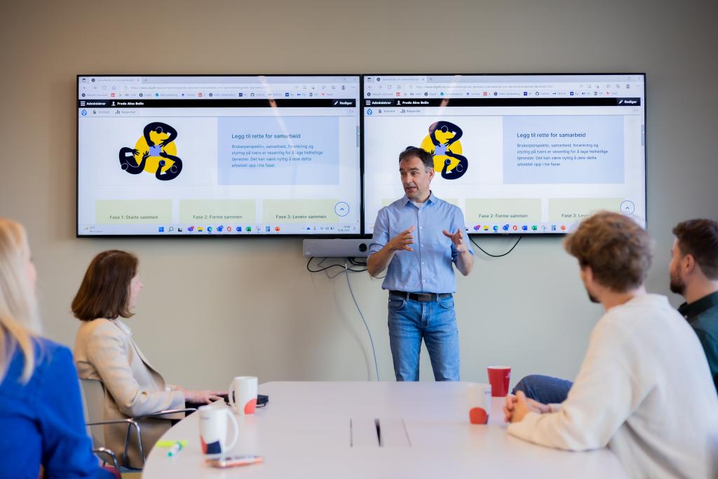 En person står foran presentasjon på skjerm, fire personer sitter ved bord.