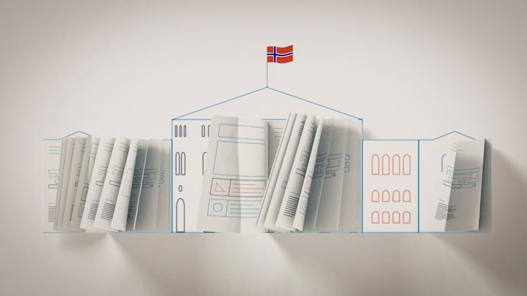 Illustrasjon av Stortinget laget av dokumenter