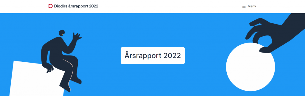 Header årsrapport 2022 nyhetssak - figur med mann som sitter på kloss og hand som trille kule mot blå bakgrunn med tekst "Årsrapport 2022"