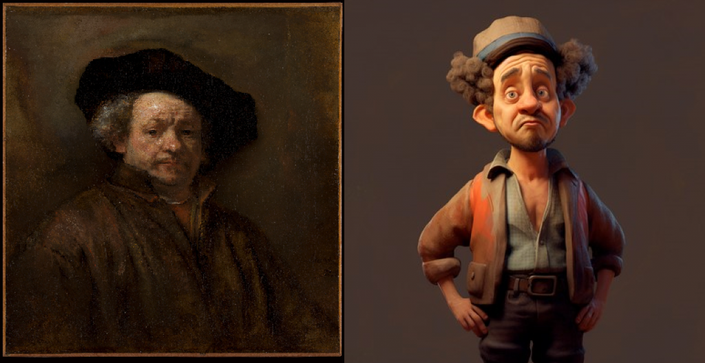 Bildet viser to bilder side om side. Det første bildet er et selvportrett av Rembrandt som viser et gammelt oljemaleri av en mann med gamle klær og en sort hatt. Fargene er mørke. Det andre bildet viser en tegneserieaktig 3D-modell av Rembrandt. Det tegneseriaktige bildet er generert av kunstig intelligens med det første bildet som utgangspunkt.