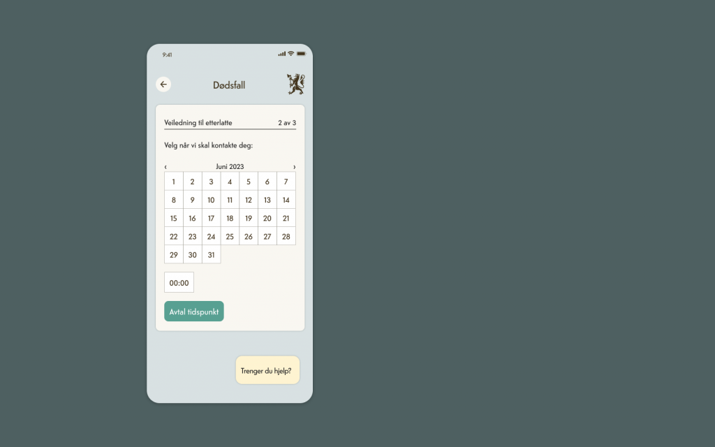 Skjembilde av app som viser at man kan velge dato og tid for veiledning.