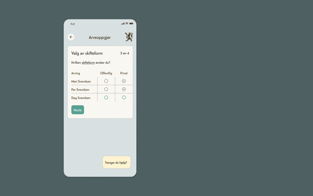 Skjermbilde av app som viser spørsmål om valg av skifteform. Alternativene er offentlig eller privat og man kan se at de to andre arvingene har valgt privat skifte.