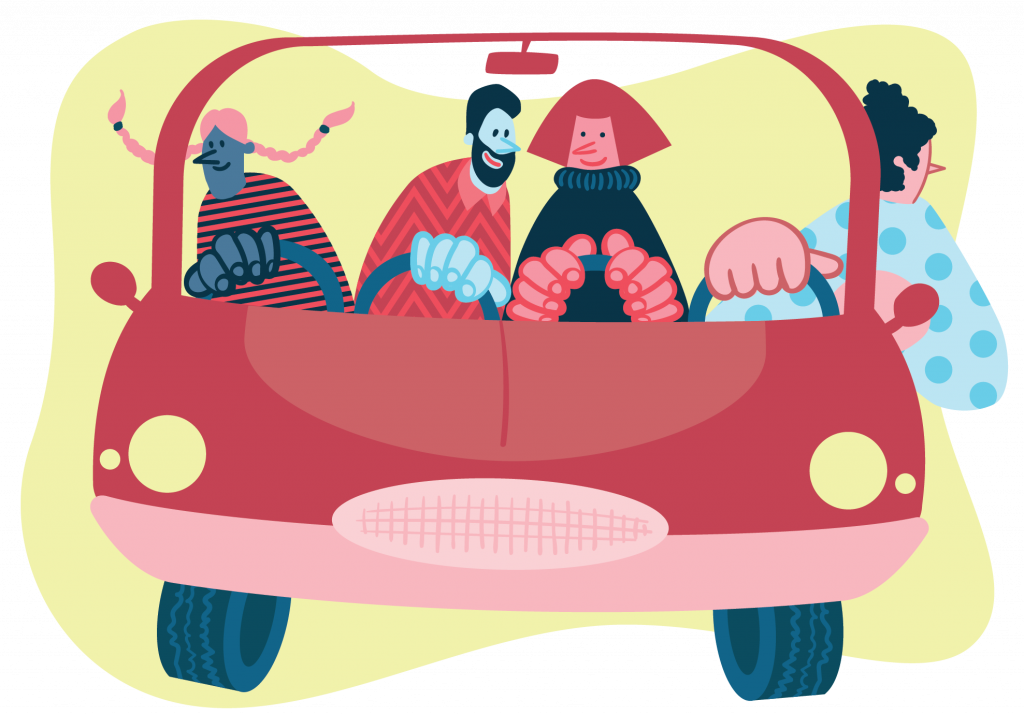 Illustrasjonen viser ein bil med fire sjåførar som prøver å køyra i same retning, men ikkje helit klarer det. Det handlar om at regjeringa må sette seg i førarsetet og køyre avgårde i same fart.