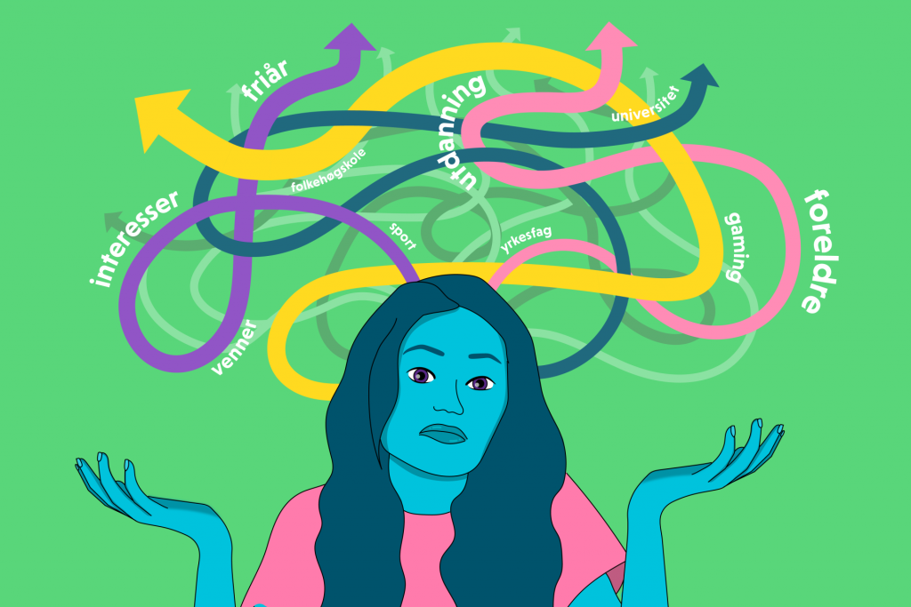 Illustrasjons som viser til en ungdom med mange tanker om veien videre