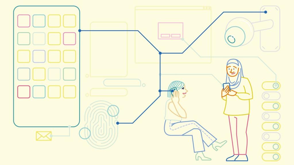 Grafisk fremstilling av digital samhandling. Gul plakat med strektegninger