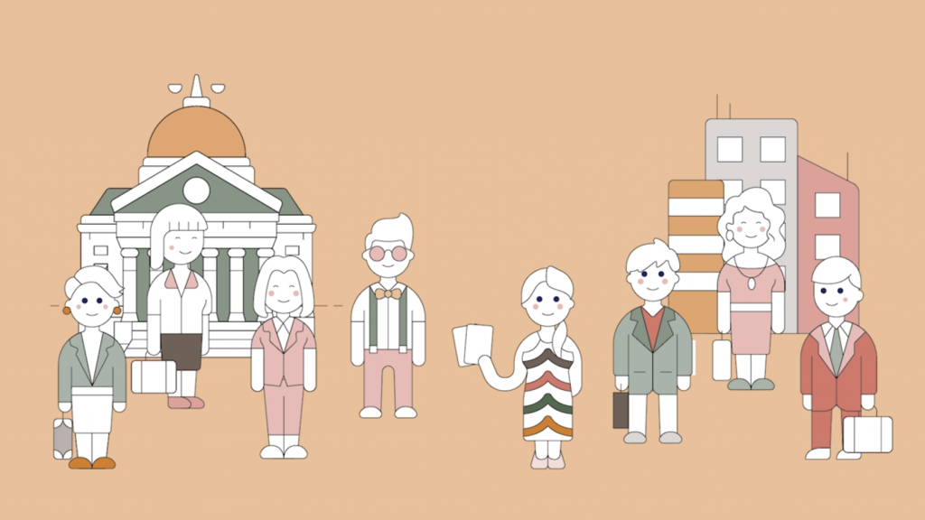 Bilde av ulike mennesker som står foran ulike institusjoner