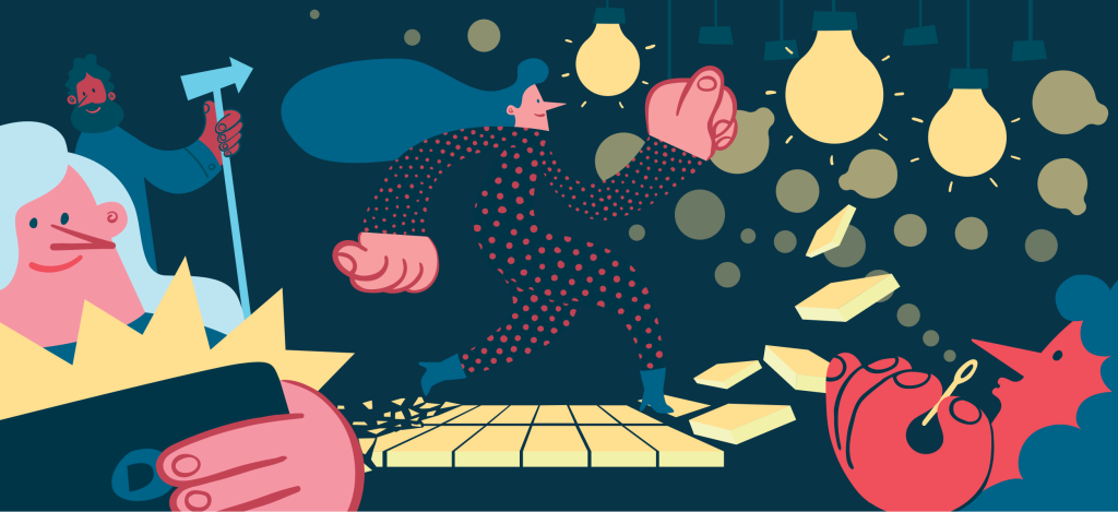 Bildet er en tegning av ulike figurer som blant annet ser på en dataskjerm. Som går over et sjakkbrett der gamle felter forvitrer og nye er i ferd å legges, samt en person som blåser bobler som blir til nye ideer i form av lyspærer