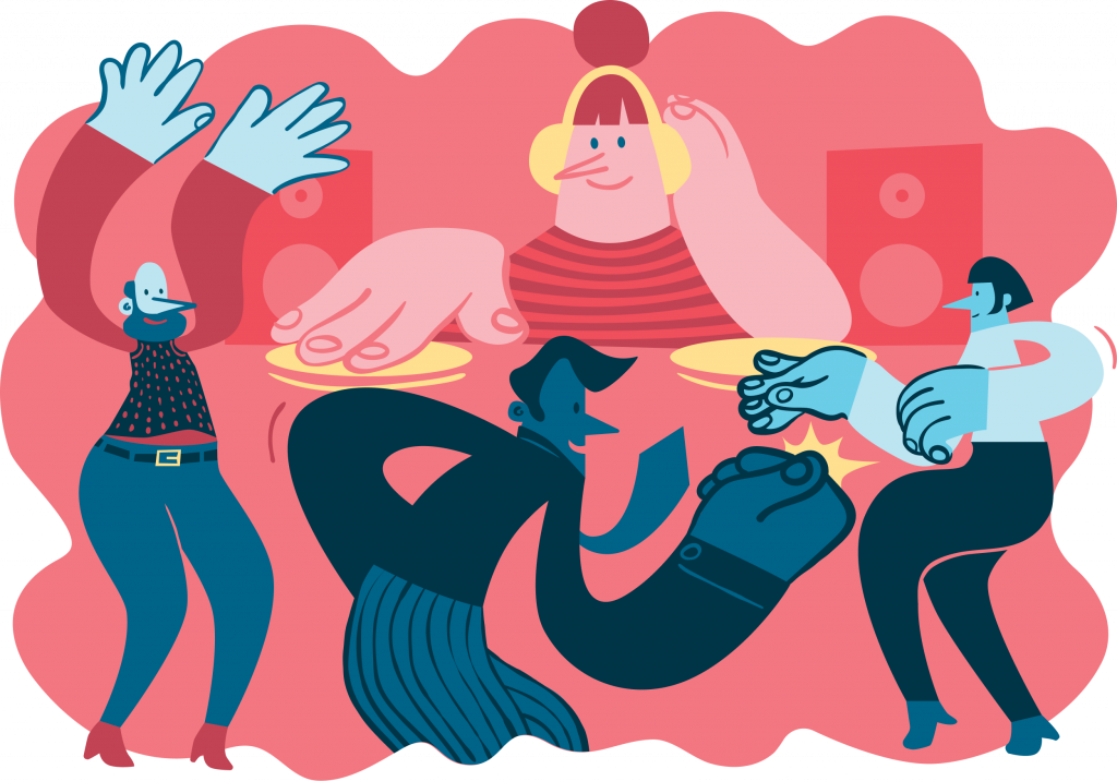 Illustrasjonen viser en DJ og noen dansende personer.