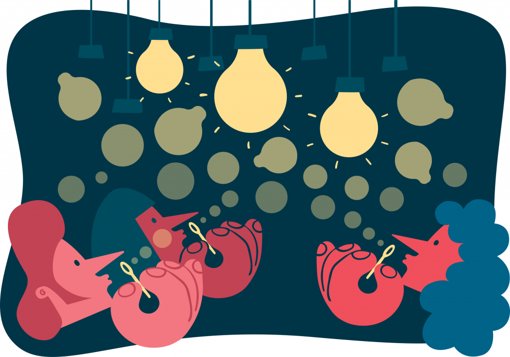 Bildet viser ei gruppe menneske som kvar og ein blåser bobler. Nokre av dei går saman til glødane lyspærer.