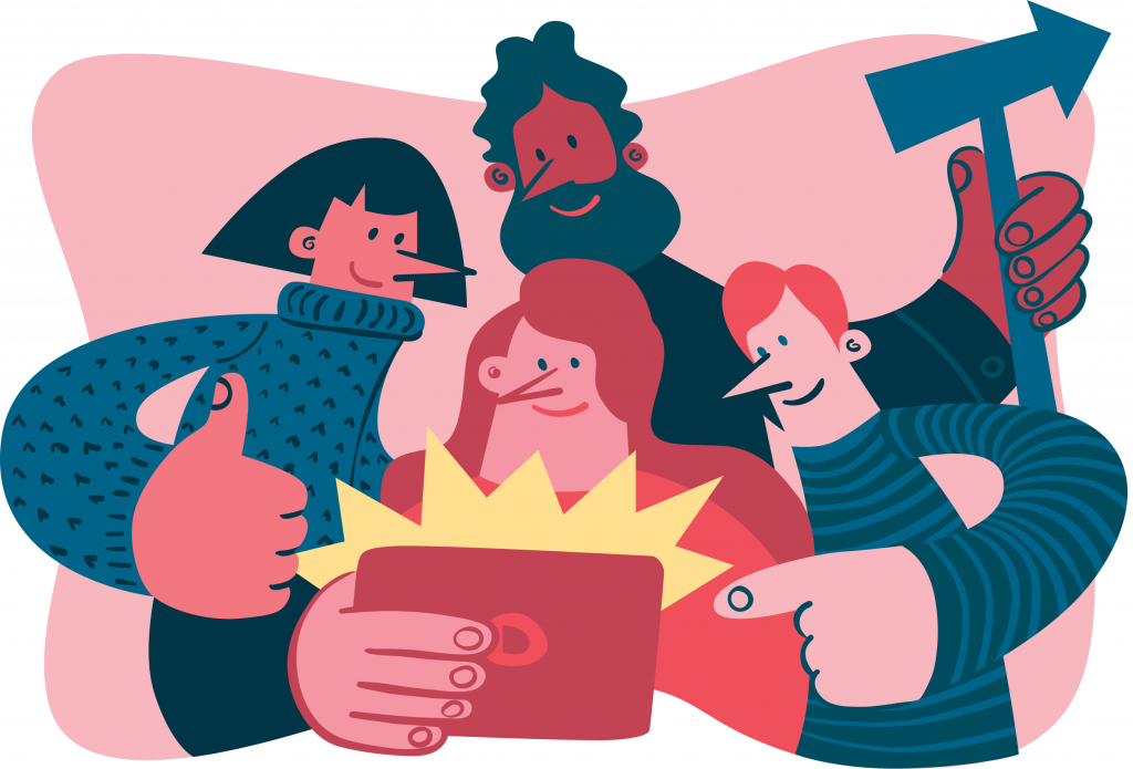 Bildet viser en person som ser på en lysende skjerm. Det er tre personer rundt som er glade for det den personen ser. Dette skal vise til bra nyttestyring.