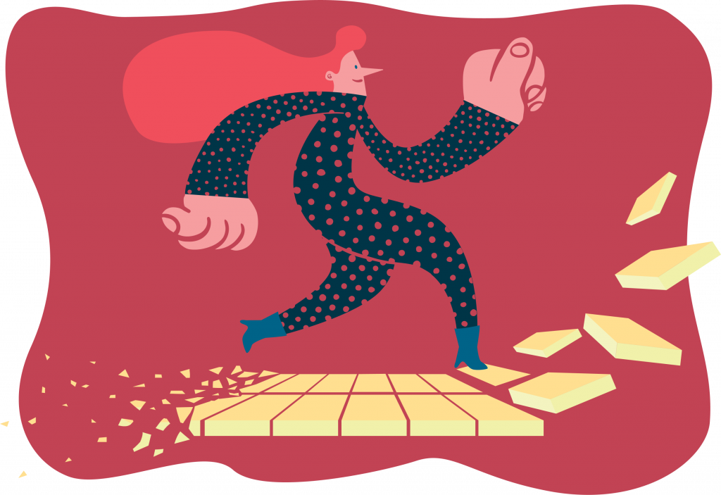 Illustrasjonen viser en person som går på en rutete vei. Det som er bak forvitrer og det som er foran legges blokkvis på.