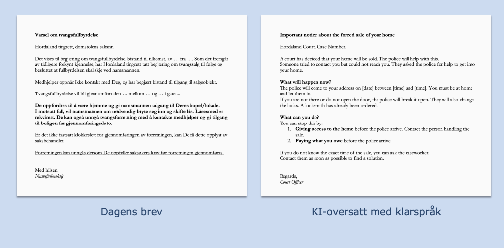 llustrasjon: Dagens brev med «Varsel om tvangsfullbyrdelse» er svært vanskelig å forstå, sammenlignet med versjonen som er forenklet og oversatt ved hjelp av generativ KI instruert med klarspråkprinsipper