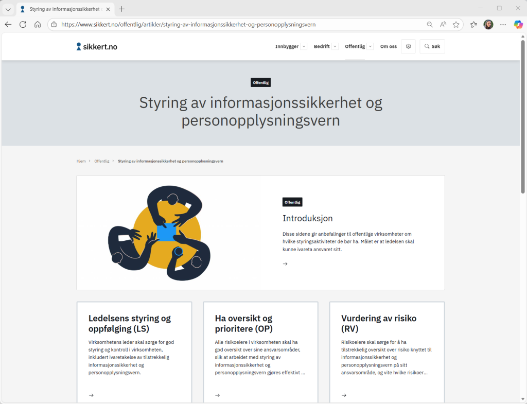 Skjermbilde hentet fra siden om anbefalinger for styring av informasjonssikkerhet og personopplysningsvern på sikkert.no