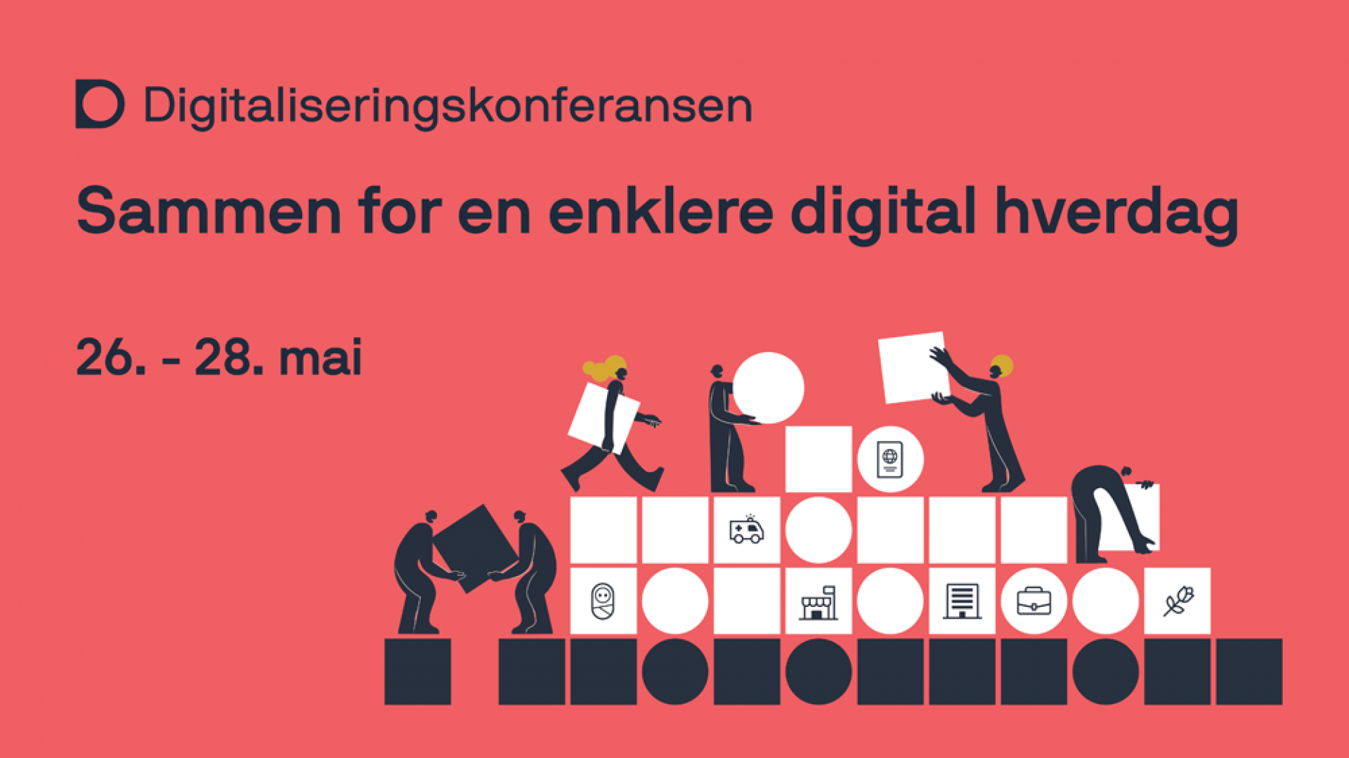 Plakat for Digitaliseringskonferansen 2021 viser mennesker som jobber med byggeklosser, sammen med logo, tema og dato