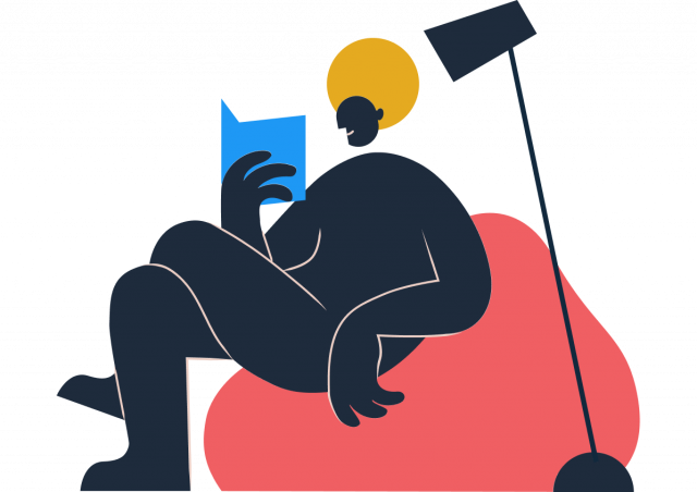 Illustrasjon. En person med gult hår sitter i en rød sakkosekk og leser en blå bok.