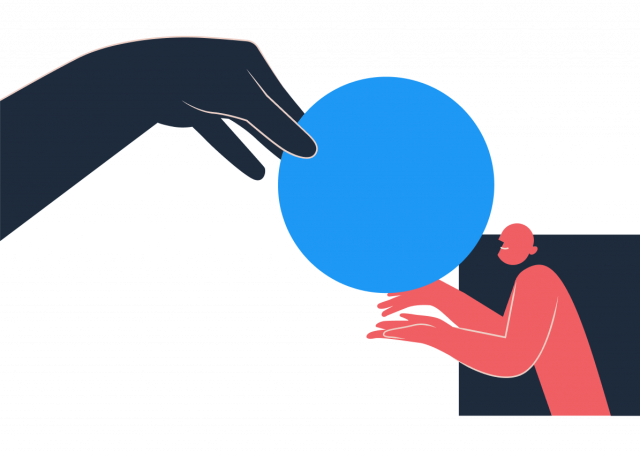 Illustrasjon. En rød person på mørk bakgrunn mottar en blå ball fra en gigantisk hånd.